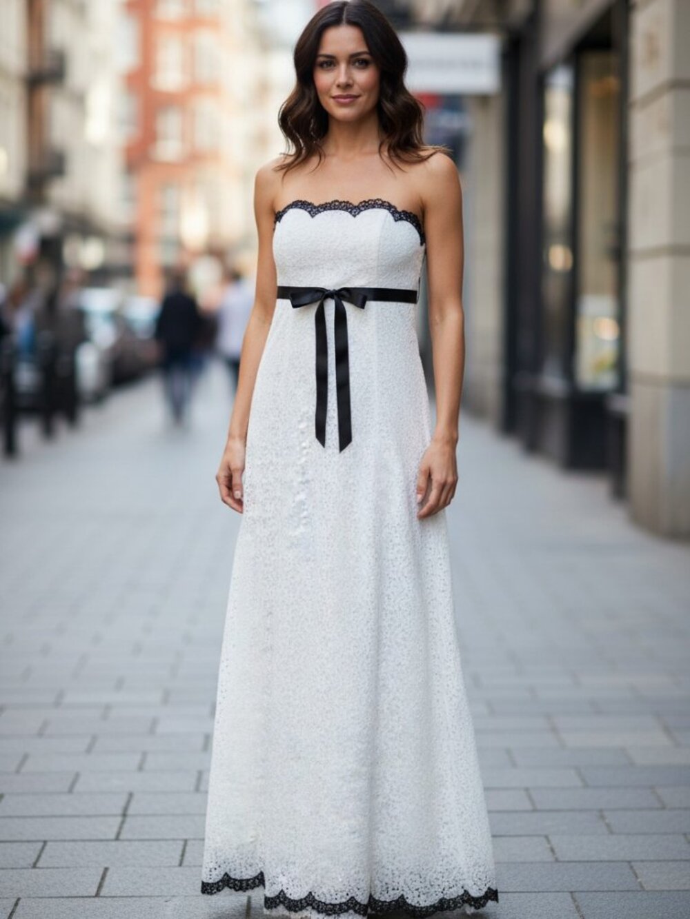 Vtg Jessica McClintock x Gunne Sax White Black Lace Formal Strapless Dress 5/6